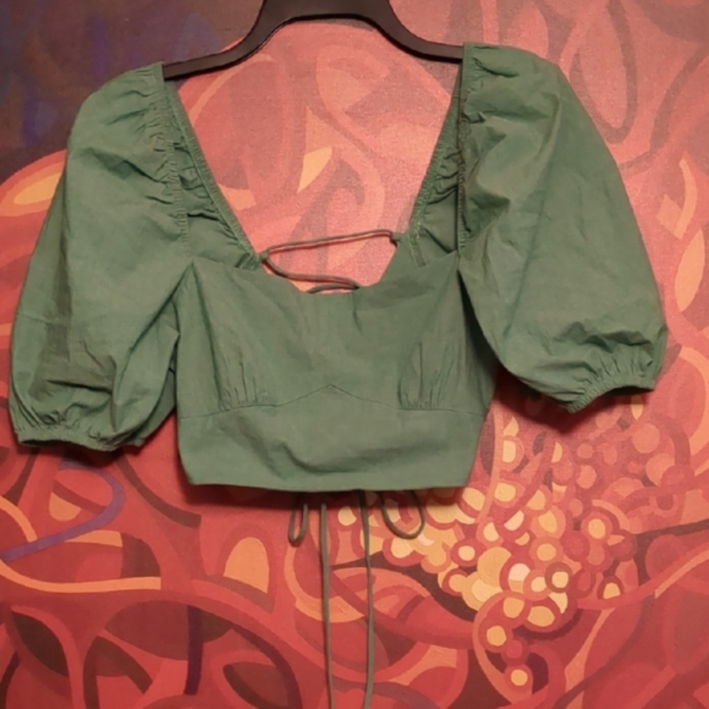 Zara Green Crop Blouse with Puffed Sleeves
